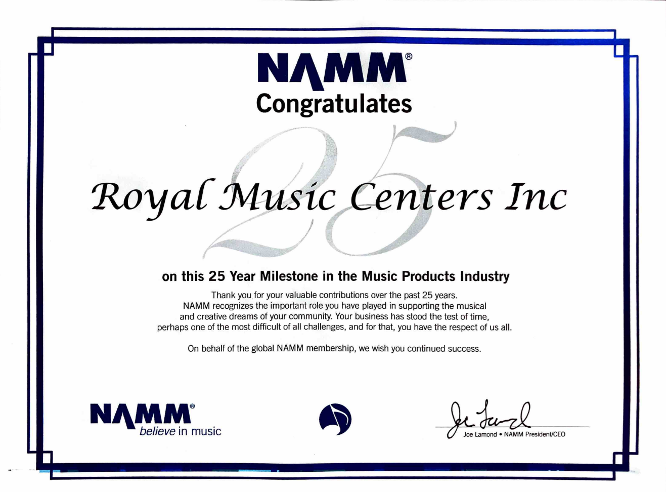 NAMM 25-year recognition certificate
