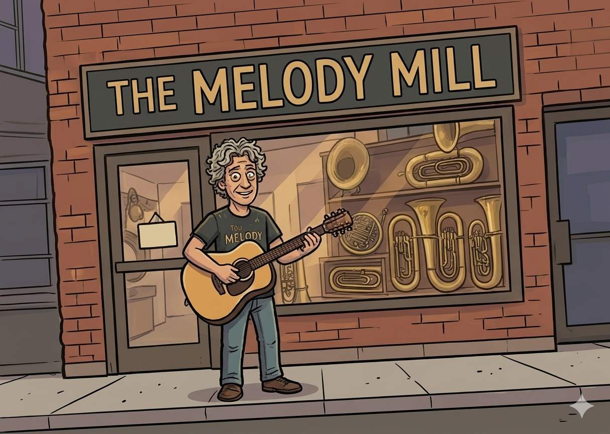 Cartoon illustration of Leo standing outside The Melody Mill music store
